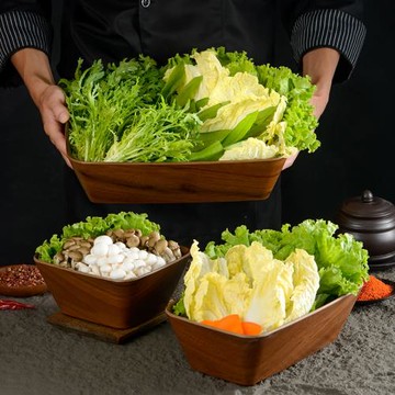 網紅一緒壽喜燒自助餐展示盒旋轉小火鍋拼盤密胺仿木紋長方形餐具