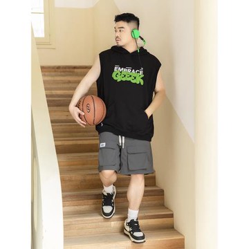 韋恩澤維爾潮牌大碼坎肩t恤男立體印花痞帥美式街頭連帽背心8726