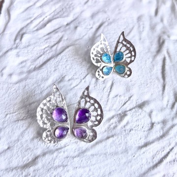 魔法森林裡的蝴蝶耳釘  純銀耳釘 紫水晶 藍色磷灰石