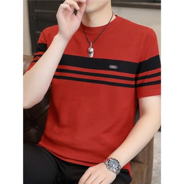25年春秋冬季男士紅色短袖毛衣休閑條紋針織打底衫本命年線衣修身