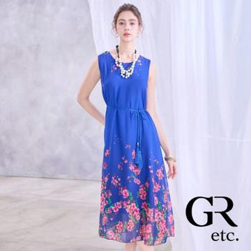 【GLORY21】網路獨賣款-etc.雪紡花卉無袖連身洋裝(附腰帶)-藍色