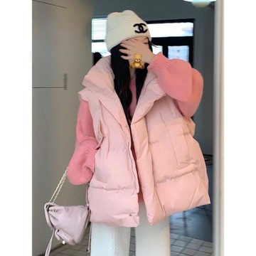 粉色馬甲女冬季2025新款寬松外搭羽絨服背心馬夾坎肩無袖棉服外套