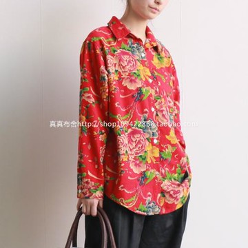 春秋季新款文藝民族風東北大花布棉麻寬松長袖襯衫上衣女