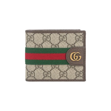 GUCCI Ophidia 綠紅織帶對開8卡短夾(烏木色/深棕色)