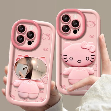 貓咪鏡面適用蘋果17/16/15手機殼iphone14貓咪鏡面支架13可愛卡通12全包防摔