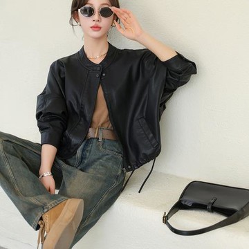 休閑短款皮衣外套女秋季新款寬松立領水洗蛋白皮皮夾克批發