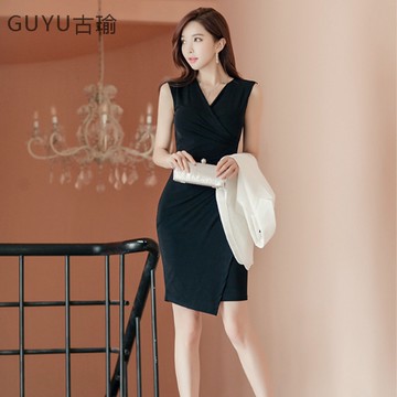 正韓洋裝 黑色 顯瘦 氣質 V領無袖宴會禮服 修身 包臀連身裙 縮皺窄裙洋裝