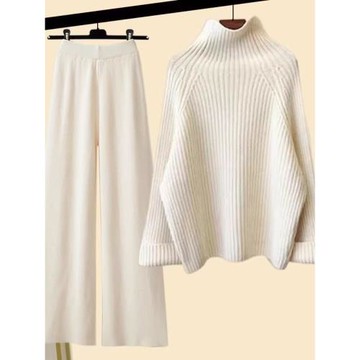 大碼女裝秋冬套裝新款風寬松高領毛衣女顯瘦闊腿褲兩件套輕裝簡約