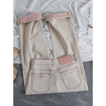 櫻花粉雙色特織面料牛仔褲女2025新款夏季寬松顯瘦窄版直筒長褲子