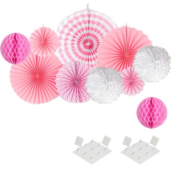 PARTYSHOW 粉紅圖案裝飾扇子套組  粉色 + 白色