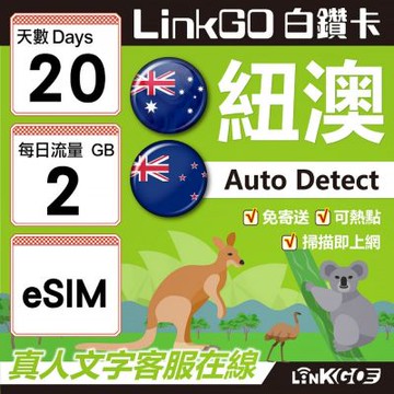 LINKGO白鑽卡 紐澳 eSIM卡 20天上網卡 每日2GB 高速流量(紐澳網卡 紐西蘭 澳洲 虛擬卡)