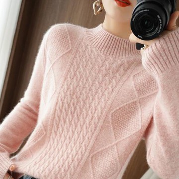 100%純羊毛衫半高領女加厚款2025秋冬寬松絞花毛衣羊絨針織打底衫