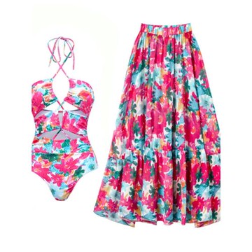 歐美外貿印花性感系脖遮肚顯瘦網紗罩裙沙灘派對連體泳衣二件套裝