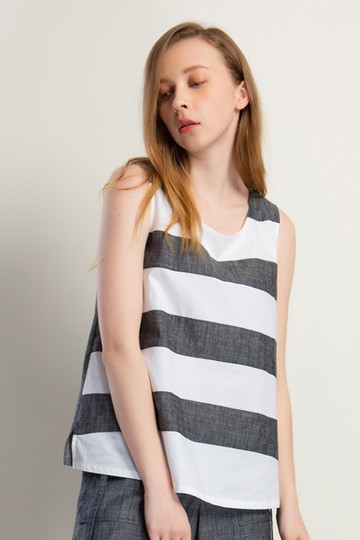 MW  天絲棉條紋拼接色塊無袖上衣