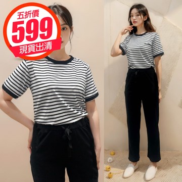 【現貨出清】兩件式套裝．休閒條紋圓領短袖上衣+百搭雙口袋直筒長褲．白鳥麗子