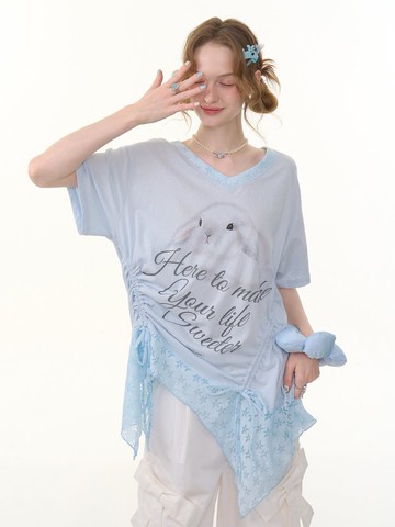 ziziFei夏新款美式設計感兔子印花不規則下擺寬松v領短袖大t恤女