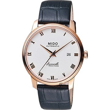 MIDO 美度 Baroncelli III 羅馬機械錶-銀x玫塊金框x黑色錶帶/39mm M0274073601300