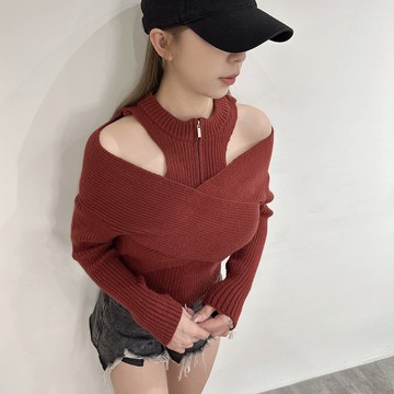 拉鍊造型假兩件針織上衣-酒紅【KT224653】