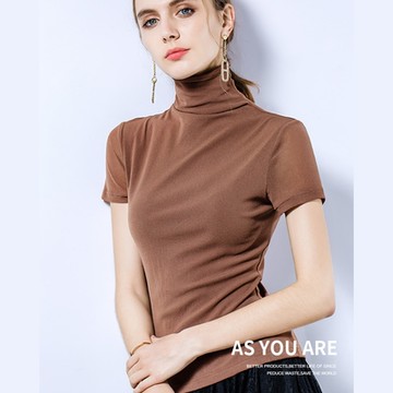 專注內搭-短袖T恤高領網紗內搭衫素色緊身上衣2(四色S-3XL可選)