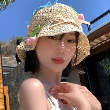 可愛櫻桃蝴蝶結草帽女夏季海邊沙灘度假風鏤空遮陽漁夫帽新款帽子