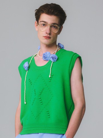 UNISEX, Pompom Argyle Knit Vest / Green