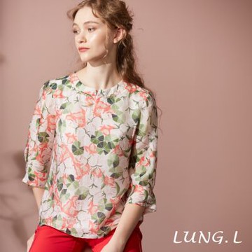 林佳樺LUNG.L 橘色清新荷葉圖騰印花七分袖女裝上衣 LS98A
