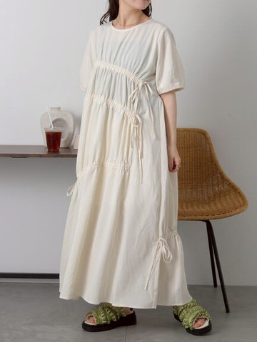 隨興感不對襯抽繩綁帶短袖連身洋裝(0F000902210) - ehka sopo