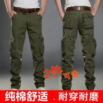春夏季棉布工裝褲男耐磨寬松直筒保安多口袋休閑運動勞保工作長褲