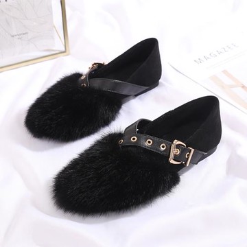 2025新款真皮水貂毛毛鞋女冬平底單鞋方頭舒適棉瓢鞋加絨豆豆鞋女