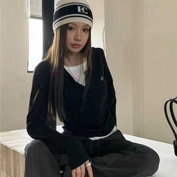 SY韓版上衣秋冬長袖T恤內搭打底衫长袖宽松刺绣字母拼接设计感撞色假两件上衣女