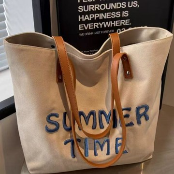 簡約大容量帆布包🍓刺繡字母帆布包女2026新款大容量通勤托特包百搭單肩大學生上課包小眾設計感帆布袋 側背包 肩背包 腋