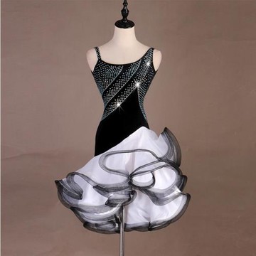 鑲鉆拉丁舞表演比賽服絲絨拉丁舞連衣裙大擺裙三步踩吉特巴舞裙