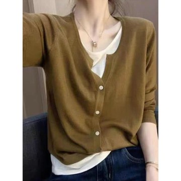 假兩件V領針織開衫女2025秋季新款胖MM大碼女裝內搭打底衫上衣