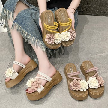 厚底鞋．日系雙色花朵線條繞帶露趾拖鞋．白鳥麗子