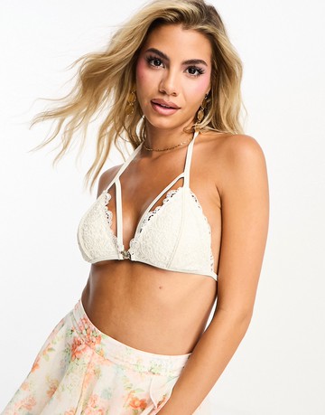 Miss Selfridge lace ring detail bikini top in cream-White