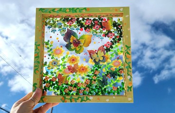 【接單製作】花園散步-黃 影繪透明立體藝術畫 蝴蝶花卉裝飾