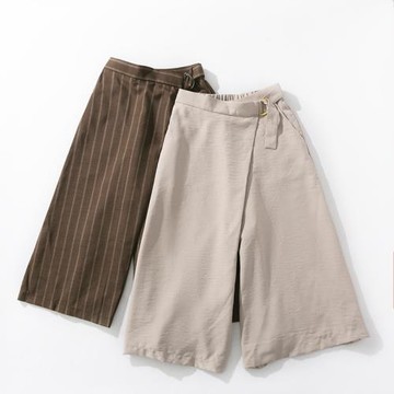 D44-2初秋新品女裝日單豎條紋高腰裙褲寬松闊腿七分褲顯瘦休閑褲
