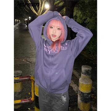 ins美式復古印花連帽拉鏈衛衣男女秋冬季寬松百搭開衫慵懶外套潮