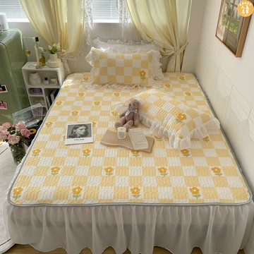 乳膠涼席/冰絲涼席 時髦棋盤格郁金香乳膠涼席三件套1.5m1.8米涼感絲空調軟席床裙款