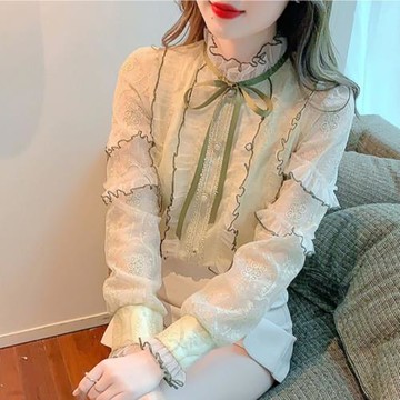 超仙立領襯衫女春裝2025年新款設計感小眾荷葉邊襯衣網紗蕾絲上衣