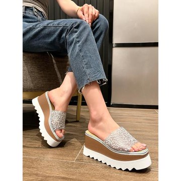 厚底拖鞋女2025夏季新款百搭透明水鉆坡跟松糕增高休閑一字涼拖鞋