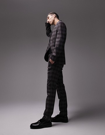 Topman skinny fabric interest check suit trousers in brown