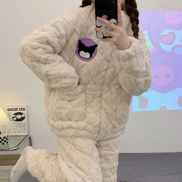 2022年新款睡衣女冬季三層夾棉珊瑚絨加厚保暖少女拉鏈家居服套裝