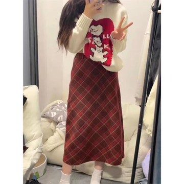 復古紅色格子胖mm中長款半身裙
