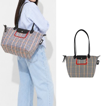 LONGCHAMP LE PLIAGE 系列千鳥格紋帆布長把肩背/斜背包(海軍藍x白蘭地酒)