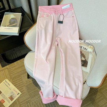 粉色直筒牛仔褲女超火春季2025新款歐貨爆款高腰寬松小個子闊腿褲