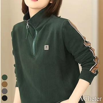 【ACheter】新款雙面德絨側條拼接拉鍊立領字母標寬鬆長袖保暖短版上衣 # 114632(現貨+預購)