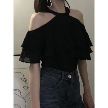 黑色雪紡衫女夏季短袖小衫鎖骨t恤掛脖露肩吊帶背心上衣短袖襯衫