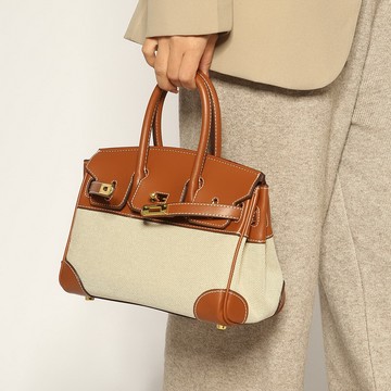 VIVILIAN高質感軟皮拼接帆布撞色鉑金包