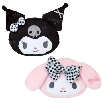 小禮堂 Sanrio 三麗鷗 絨毛造型化妝包 (黑白格紋款) 美樂蒂 酷洛米